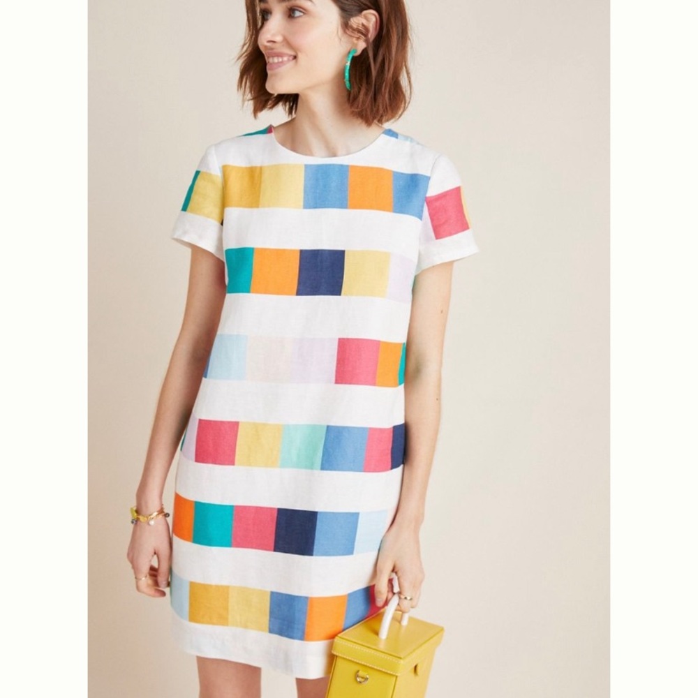 Corey Lynn Calter Clare multi-color short sleeved linen shift dress w/ pockets